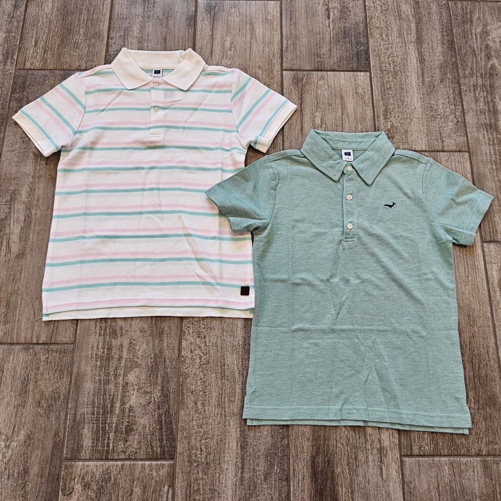 Janie and Jack Polo Shirts Kids 7 Green White NEW Striped Whale Preppy Lot of 2